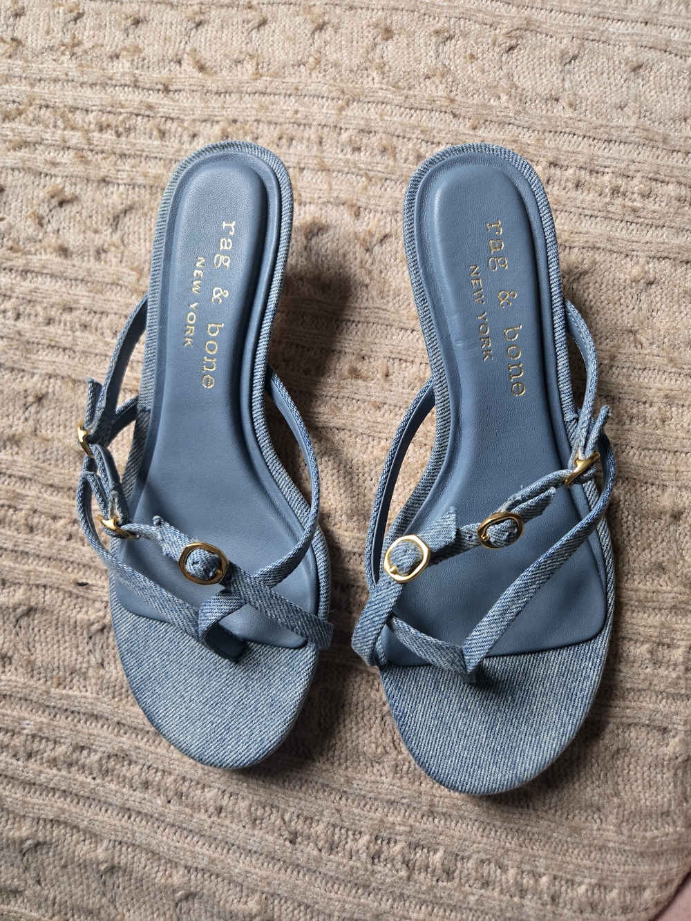 rag & bone Blue Strappy Slide Sandals with Gold Accents